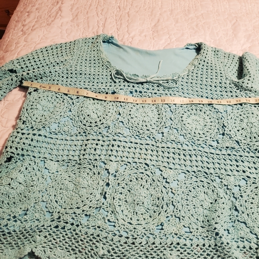 Roamans Aqua Crochet Top - Picture 3 of 12